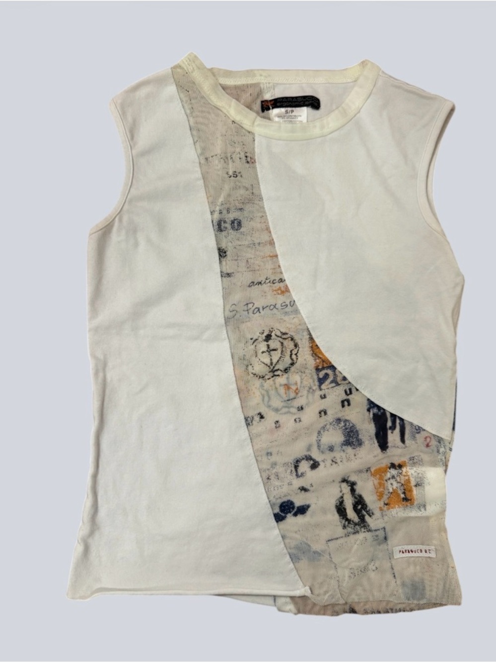 Parasuco White Sleeveless mesh detail Asymmetric Graphic Panel Top